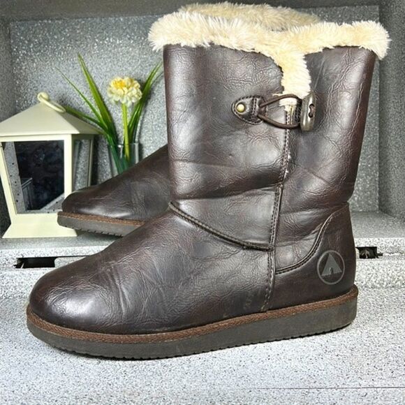 Airwalk Brown Faux Leather Faux Fur Lined Winter Snow Rain Boots Shoes Vegan 8 - Picture 1 of 9